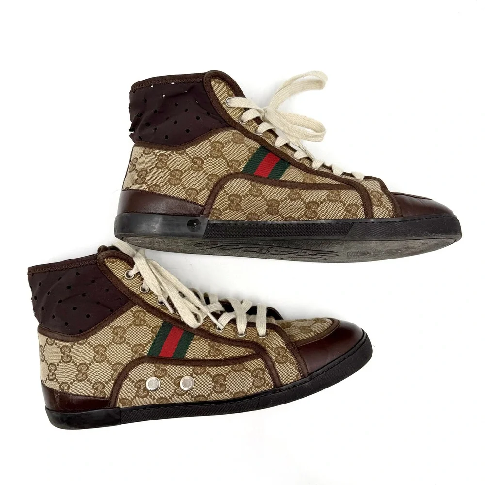 Gucci GG Supreme Monogram High Top Sneakers Web Stripe Brown Leather Men Sz 9
